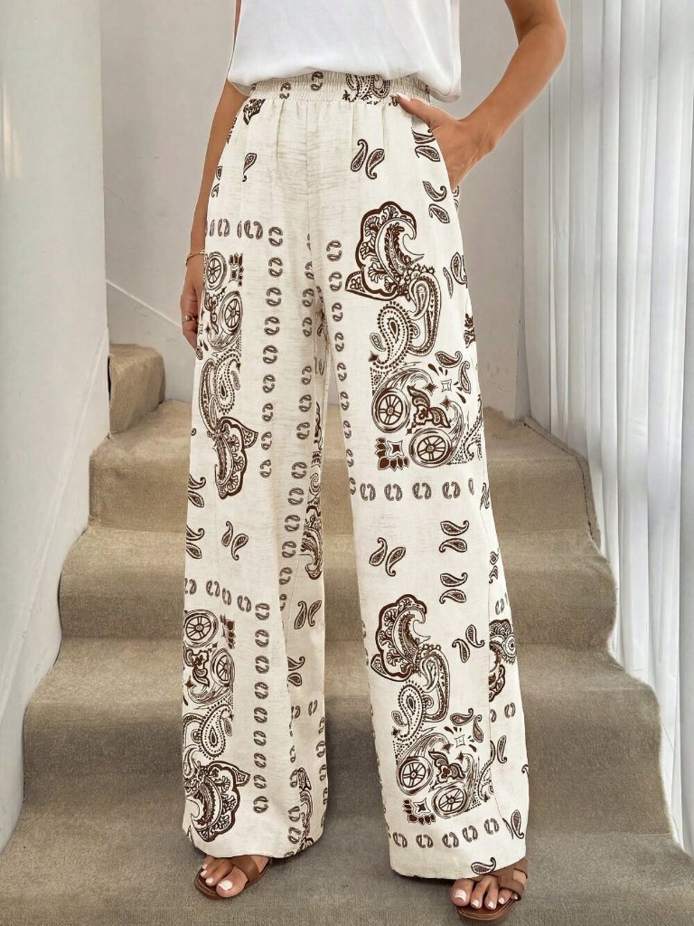 Apricot Boho Women's Print Wide Leg Pants